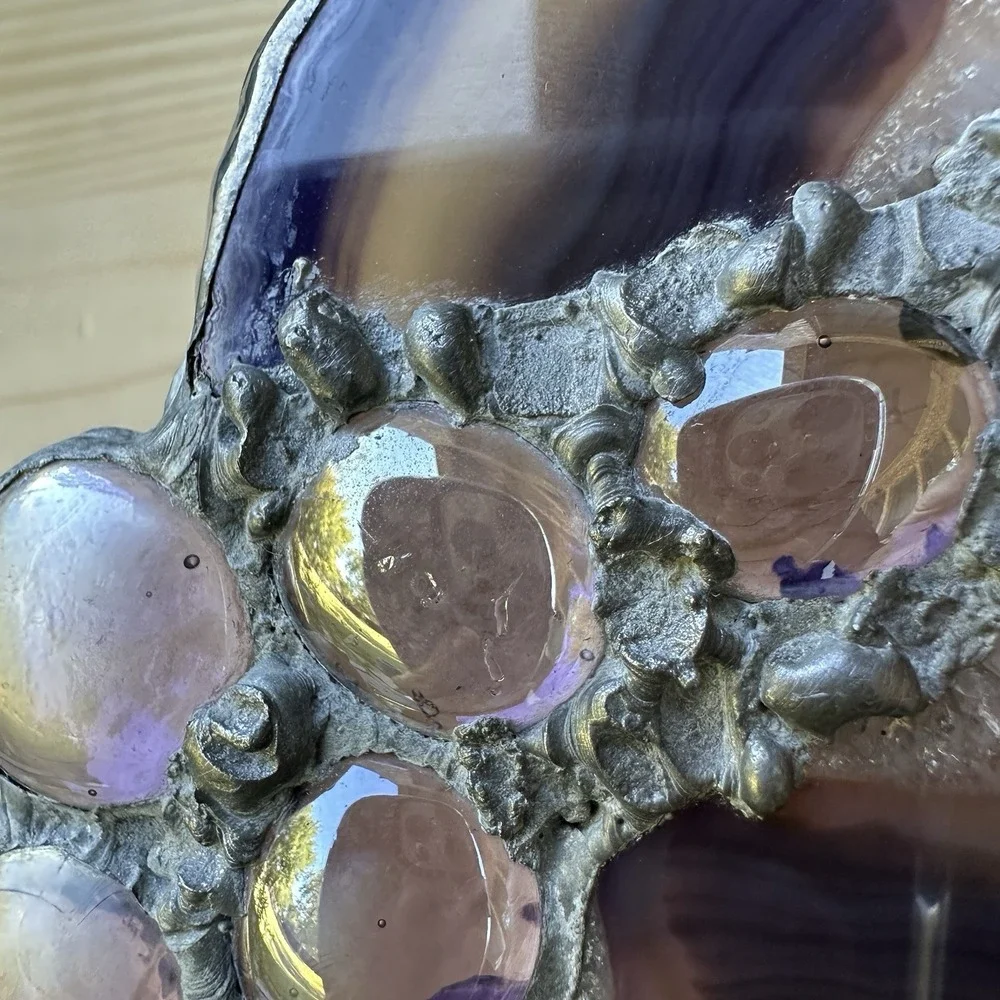VTG Purple‎ Agate Slice Ornament 5x4 Inch Druzy Crystals Iridescent Glass Rare